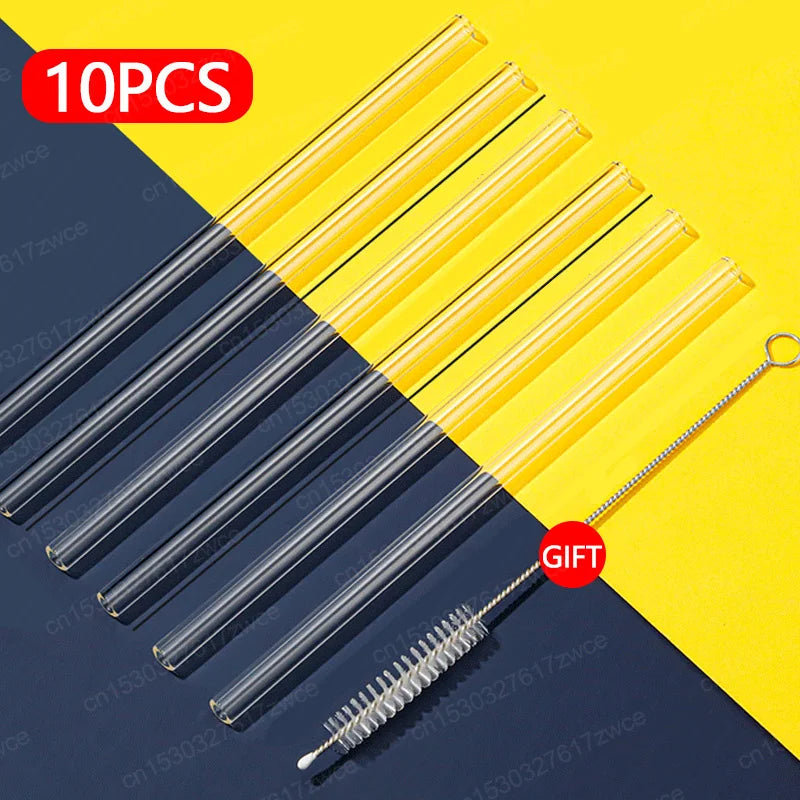 Set of 10 straight glass drinking straws with a cleaning brush, ideal replacement for Stanley Quencher cups.