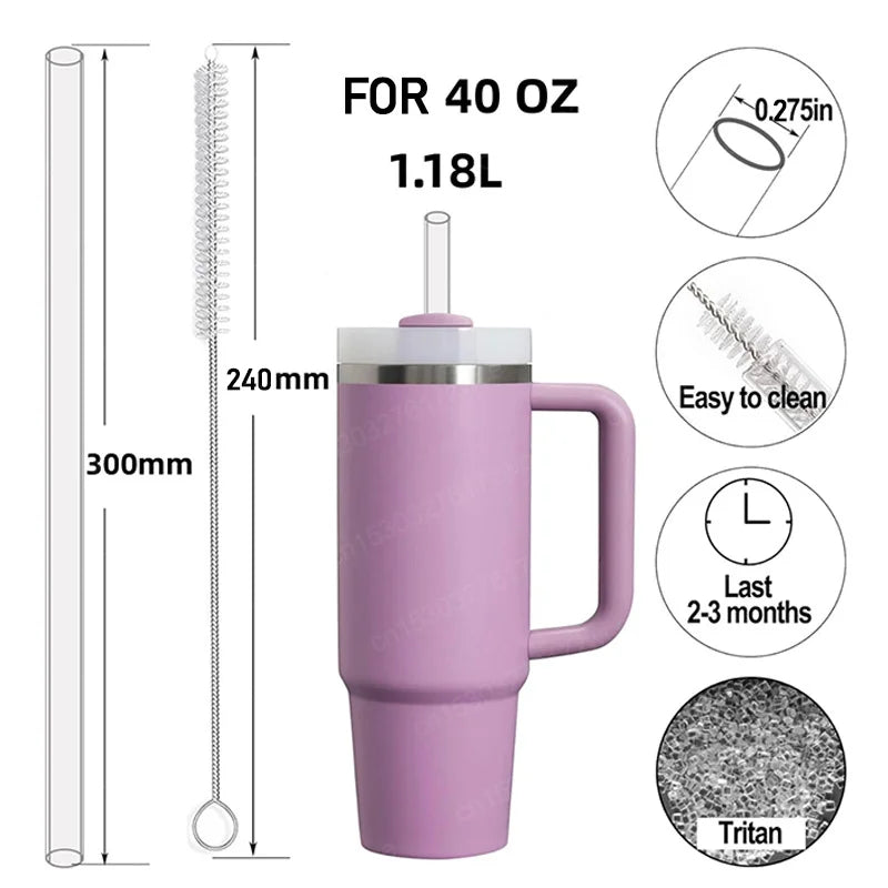 Dimensions of a 30cm glass drinking straw with cleaning brush shown alongside a purple Stanley Quencher tumbler.