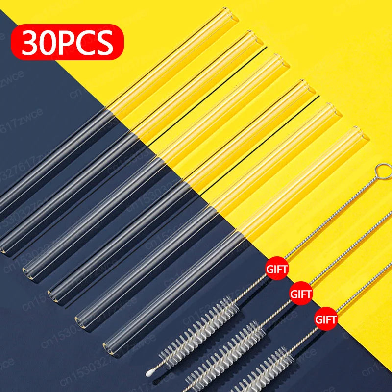 Set of 30 straight glass drinking straws with cleaning brushes, perfect for Stanley Quencher tumblers. Durable and reusable.