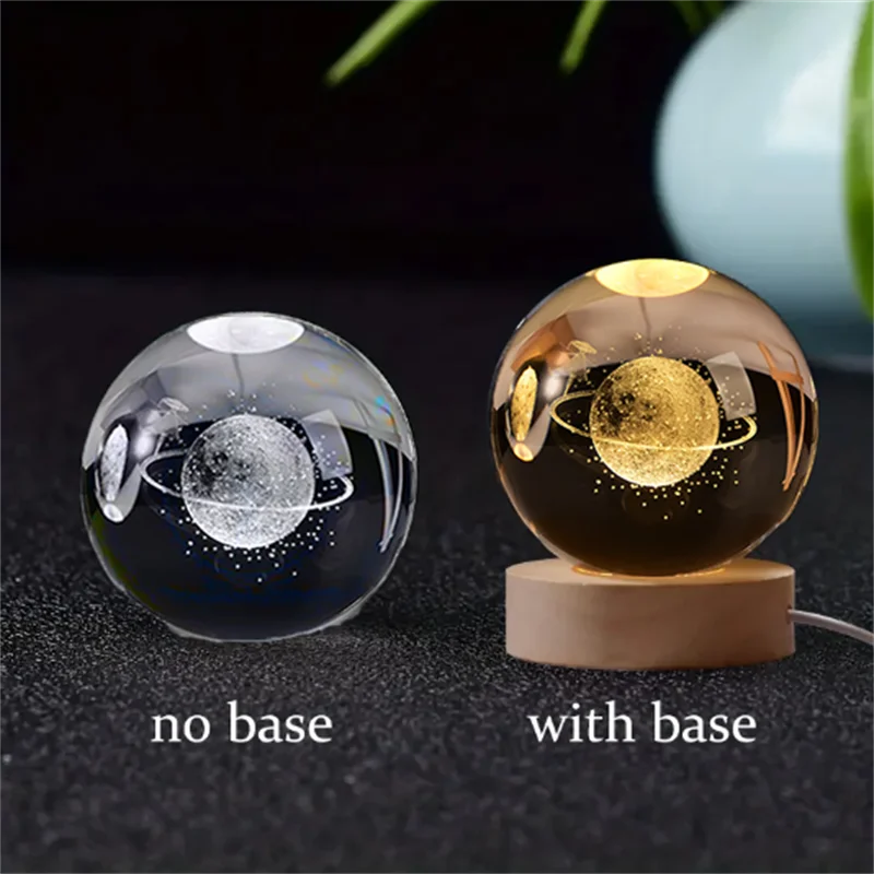 3D Crystal Ball Solar System LED Night Light – Laser Engraved Universe Globe with Wooden Base