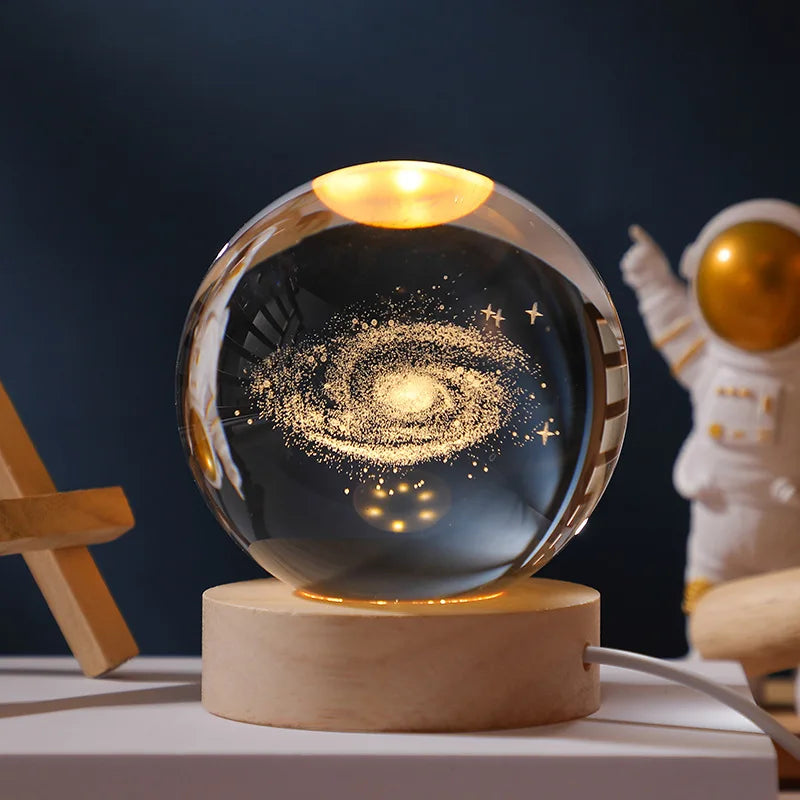 3D Crystal Ball Solar System LED Night Light – Laser Engraved Universe Globe with Wooden Base