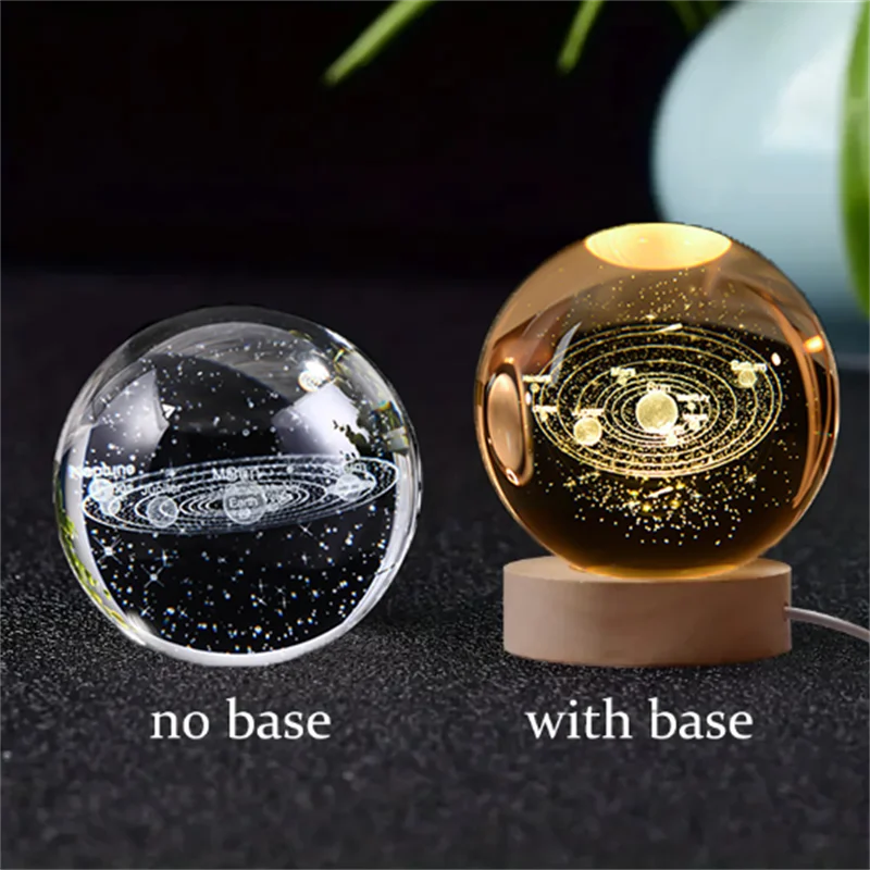 3D Crystal Ball Solar System LED Night Light – Laser Engraved Universe Globe with Wooden Base