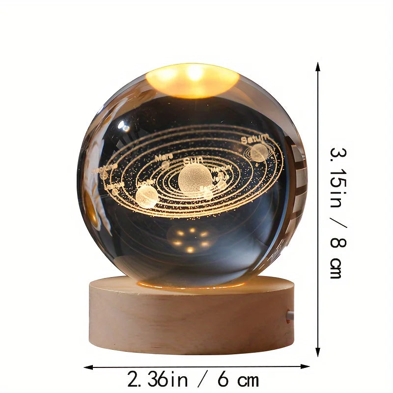 3D Crystal Ball Solar System LED Night Light – Laser Engraved Universe Globe with Wooden Base