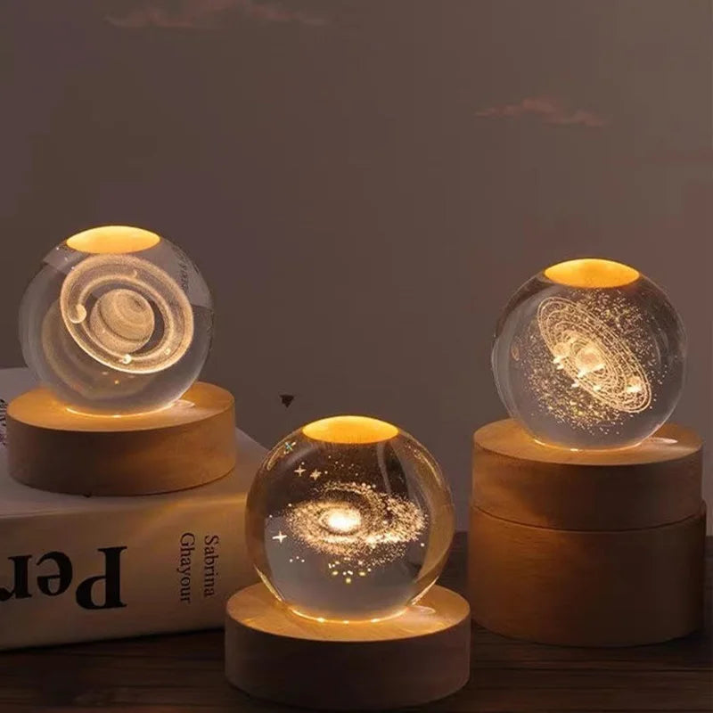 3D Crystal Ball Solar System LED Night Light – Laser Engraved Universe Globe with Wooden Base