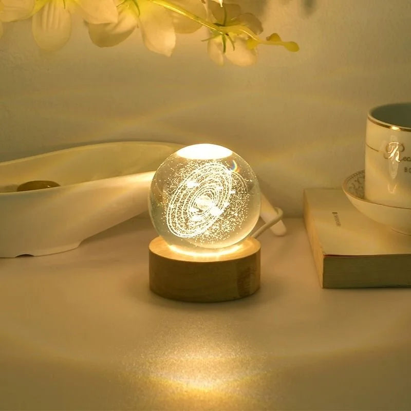 3D Crystal Ball Solar System LED Night Light – Laser Engraved Universe Globe with Wooden Base